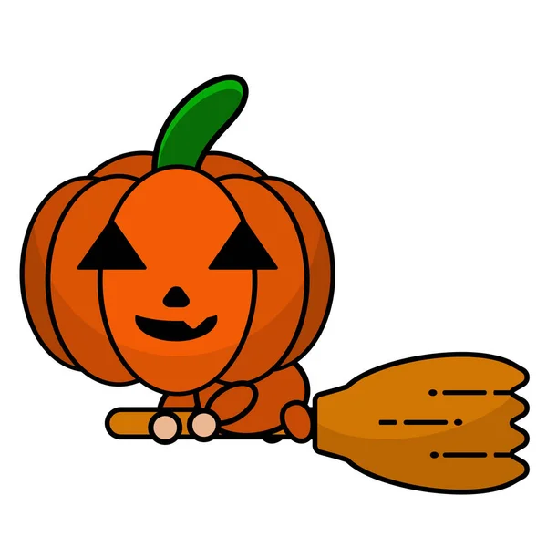 Ilustração Vetorial Bonitinho Halloween Mascote Abóbora Desenho Animado Personagem Montando —  Vetores de Stock