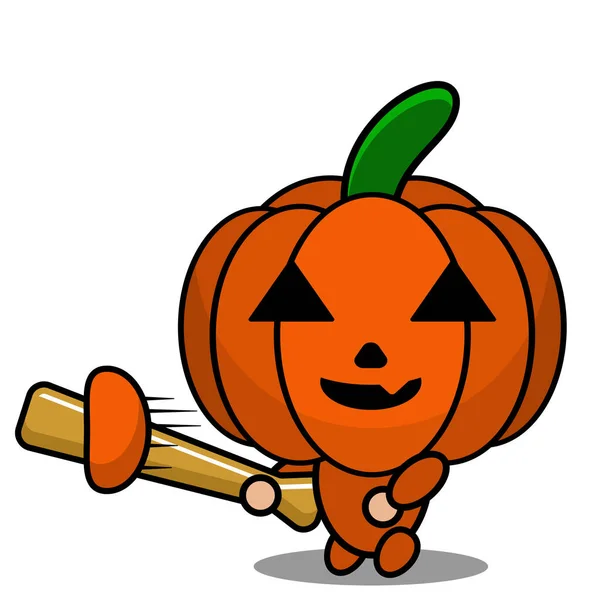 Roztomilý Halloween Maskot Dýně Kreslený Znak Vektor Ilustrace Baseball — Stockový vektor