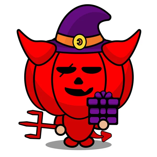 Vector Cartoon Red Devil Pumpkin Mascot Character Wearing Witch Hat — Stock Vector