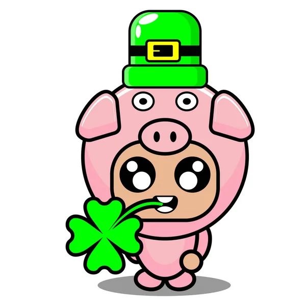 Pig Animal Mascot Costume Biting Clover Leaf — Stock Vector