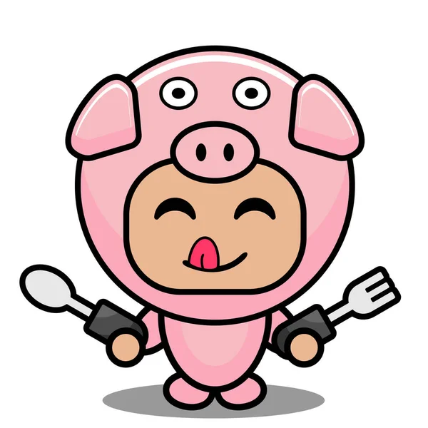 Pig Animal Mascot Costume Holding Spoon Fork — Stock Vector
