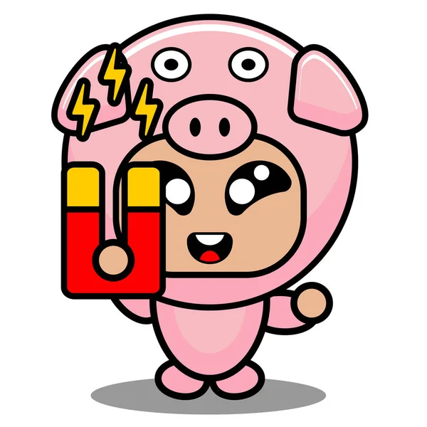 Pig Animal Mascot Costume Holding Magnet — Stock Vector