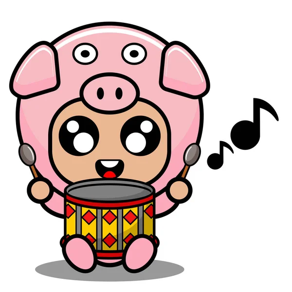 Pig Animal Mascot Costume Playing Drums — Stock Vector