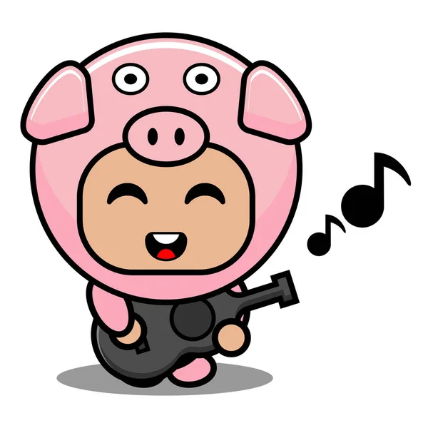 Pig Animal Mascot Costume Playing Guitar — Stock Vector