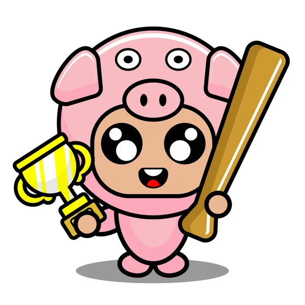 Win Baseball Pig Animal Mascot Costume — Stock Vector