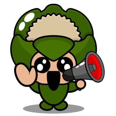 Vektör çizgi film karakteri çizimi şirin sebze karnabahar maskotu kostümü elinde megafon