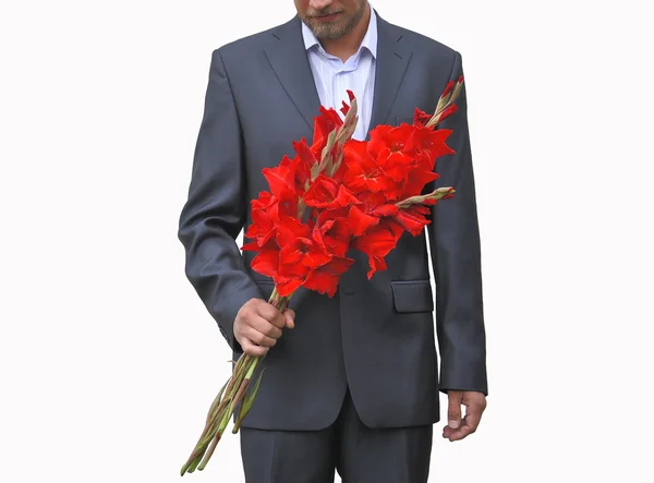Men with bouquet of gladioli isolated — Stock Photo, Image