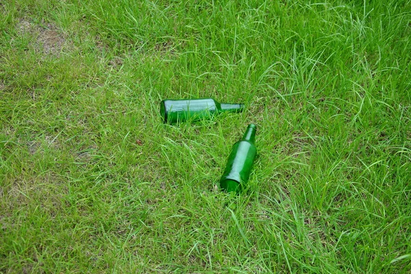 Botellas de vidrio verde en el césped Fotos De Stock