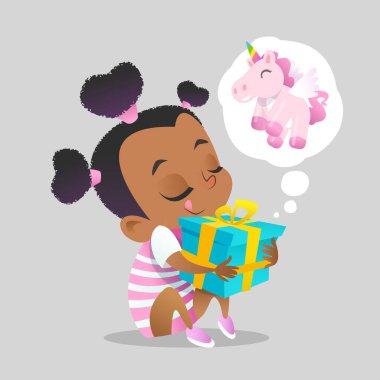 Cute Baby girl young kid character huge gift box with unicorn toy - isolated vector. Happy Dark skin child sit and dreaming. Happy dark skin African Brazilian French kid with cute ponytails vector