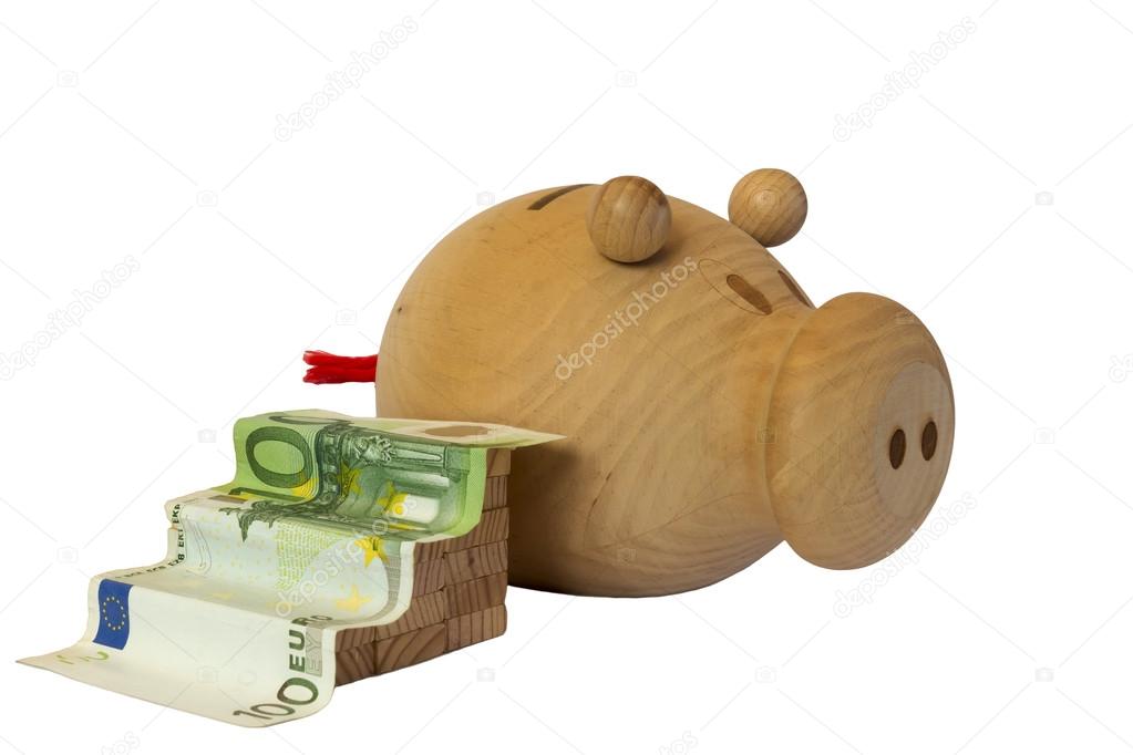 banknote in the form of scale and piggy bank on white background