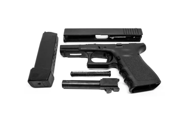 9Mm Pistol Separated Pieces White Background Cleaning Black Polymer Stainless — Stock Photo, Image