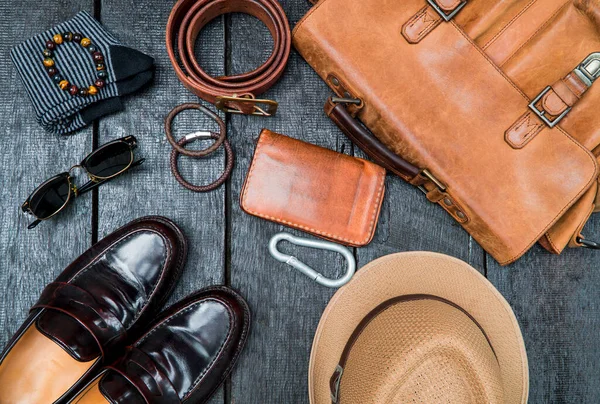 Men accessories, Leather fashion set on wood floor