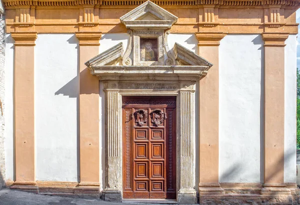 July 21 2021, Portal of Santa Margherita Bevagna, Umbria, Italy. Bevagna is a town in the central part of the Italian province of Perugia, Umbria, the city preserves important monuments of Roman and medieval origin.
