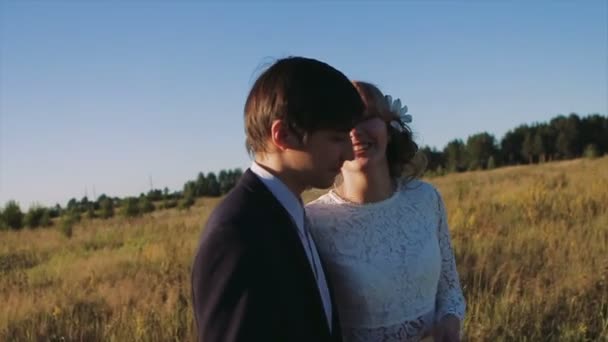 Sposa e sposo baciare al tramonto in campo — Video Stock