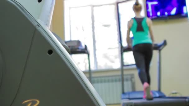 Vue arrière sur femme mince courant dans la salle de gym sur tapis roulant — Video