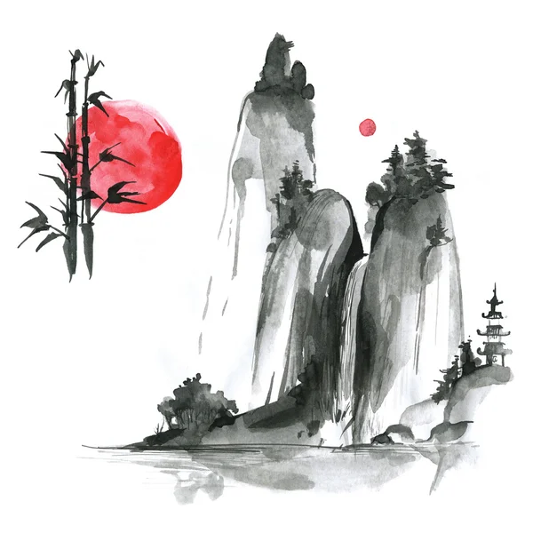 sumi-e elements: landskype, sun, bamboo