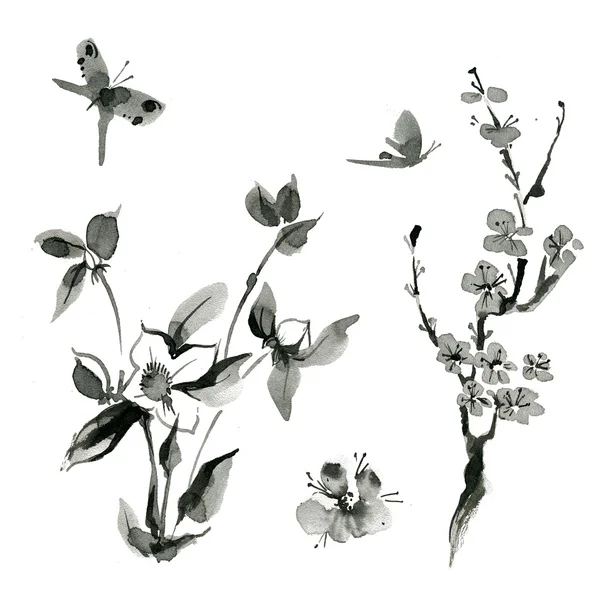 Orientalne roślin: sakura; Cherry; roseship — Zdjęcie stockowe