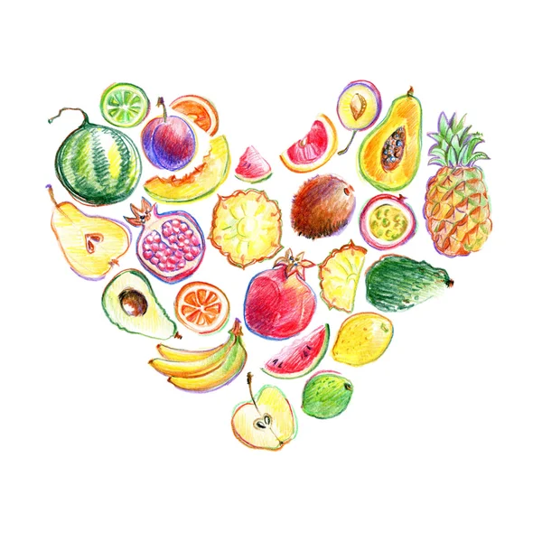 Serca skład ręką rysowane jasne stylowe owoce — Zdjęcie stockowe
