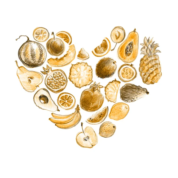 Композиція серця з намальованими руками ретро золотими стильними фруктами — стокове фото