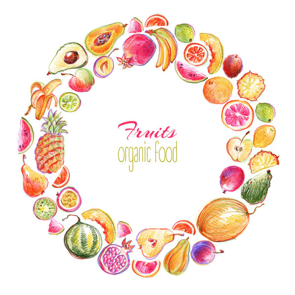 Round frame with hand drawn fruits