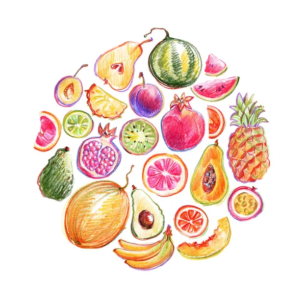 Composizione rotonda con frutti disegnati a mano — Foto Stock