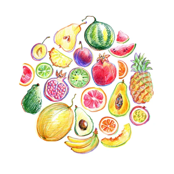 Composition ronde avec fruits dessinés à la main — Photo