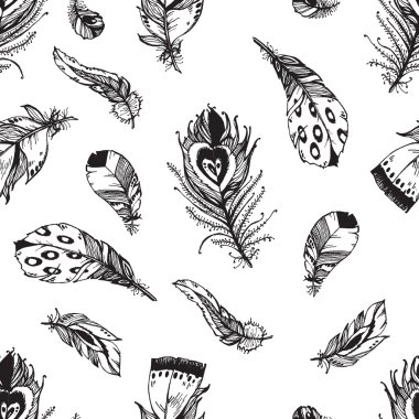 Kuş tüyleri ile el çizilmiş desen 