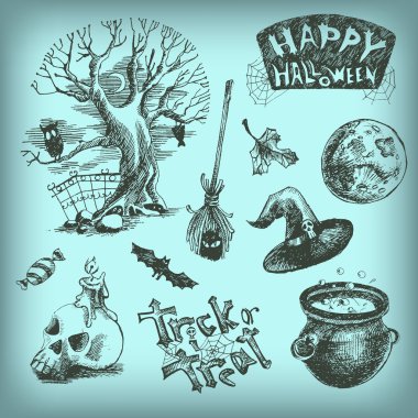 Vintage el çizilmiş halloween seti