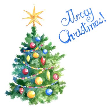 Süslemeleri ile Suluboya Noel ağacı