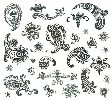 Vektör el çizilmiş tek renkli dekoratif elemanların toplanması. 