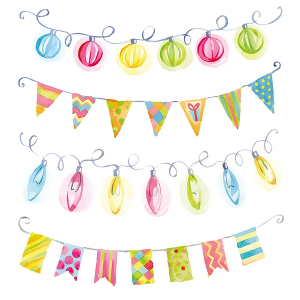 Festive watercolor garlands of flags and lights — Stock Vector
