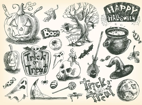 Vintage handritade Halloween set — Stock vektor