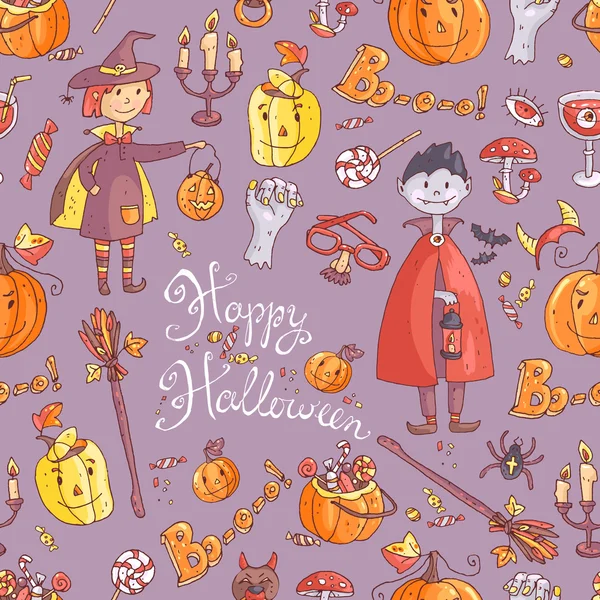 Hand drawn pattern with halloween elements — Stock Vector