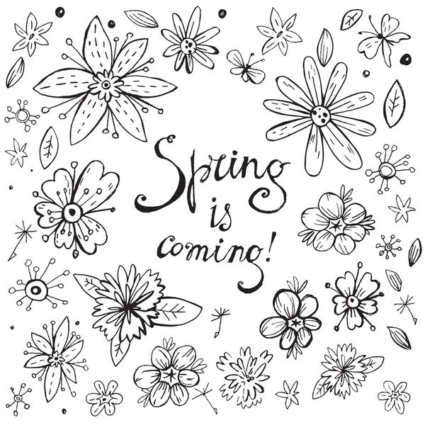 Couronne de printemps avec fleurs de gribouillis vintage — Image vectorielle