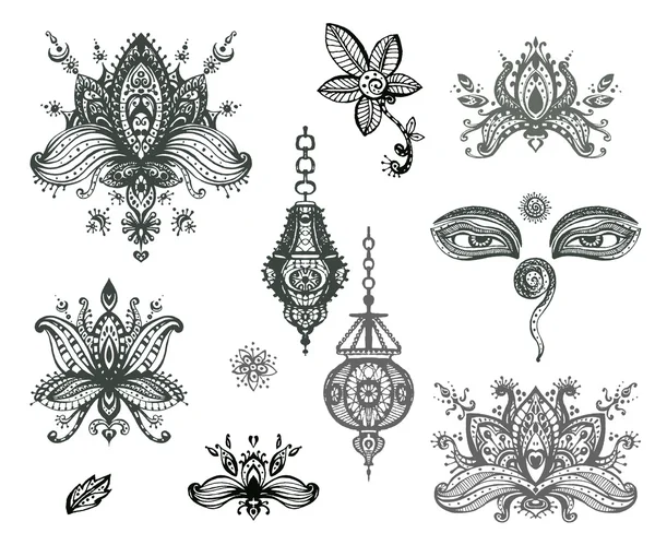 Set van henna bloemen Lotos elementen — Stockvector