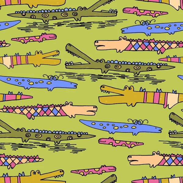 Naadloze patroon met de hand getekende schattige doodle krokodillen — Stockvector