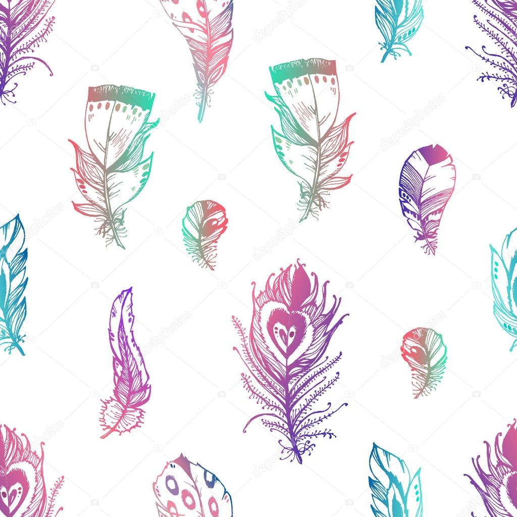 Hand drawn pattern with bird feathers 