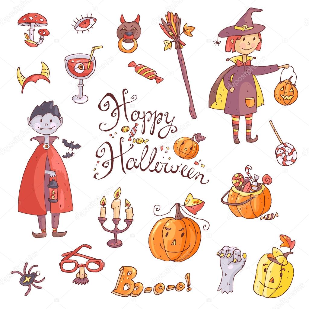 Hand drawn collection of halloween elements