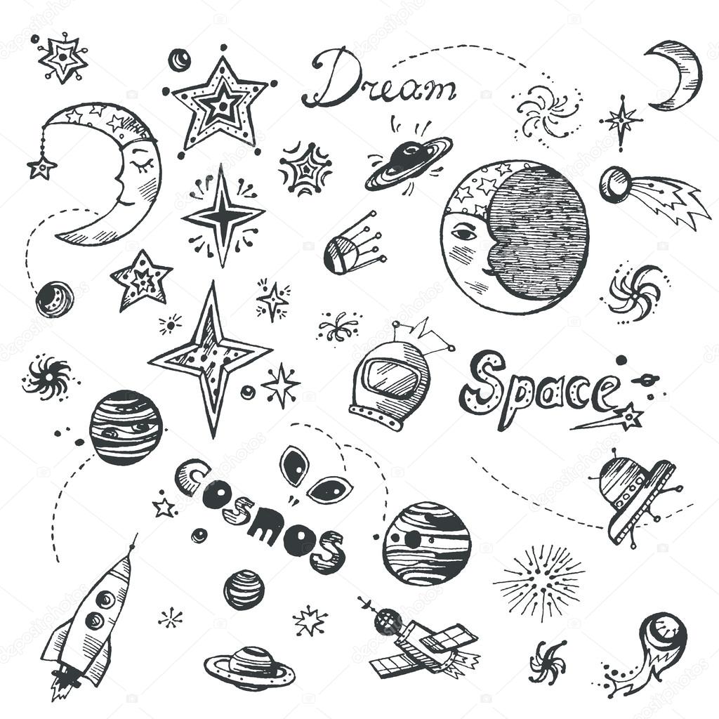 Hand drawn set with space elements