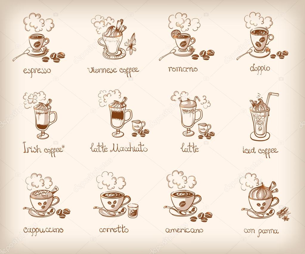 Vector set with different types of coffee