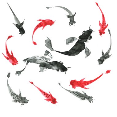 Sumi-e el çizilmiş balıklar