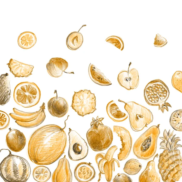 Kézzel rajzolt retro arany stílusos gyümölcsök — Stock Fotó