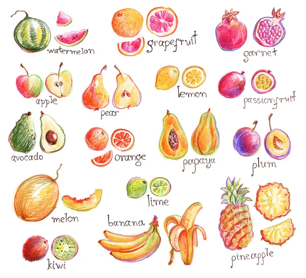 Συλλογή φρούτων που έχουν σχεδιαστεί με το χέρι — Φωτογραφία Αρχείου