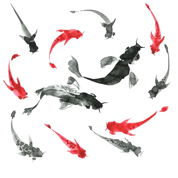 Sumi-e hand drawn fishes — Stock Photo, Image