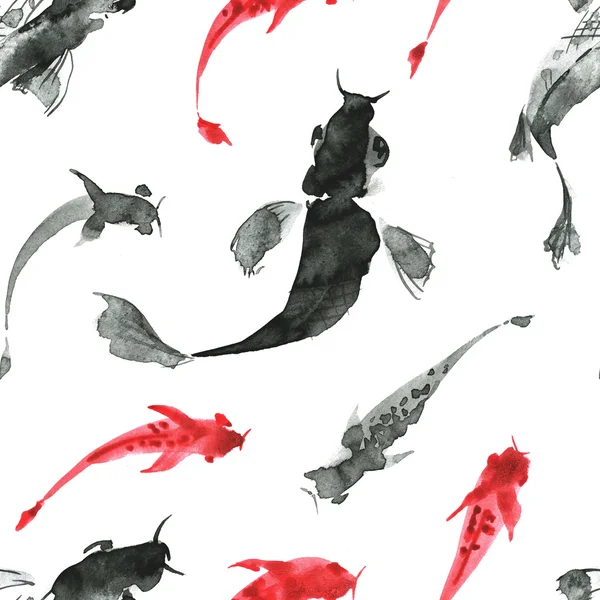 Padrão desenhado à mão com peixes sumi-e — Fotografia de Stock