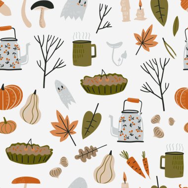 Samimi doğa unsurları olan kusursuz bir model. Sıcak şeyler, çaydanlık, kupa, hasat ve sevimli küçük hayaletler.