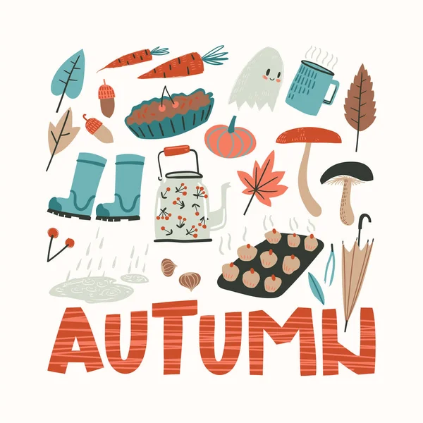 Plakat Mit Herbst Doodle Elementen Gemütliche Dinge Kleidung Ernte Essen — Stockvektor