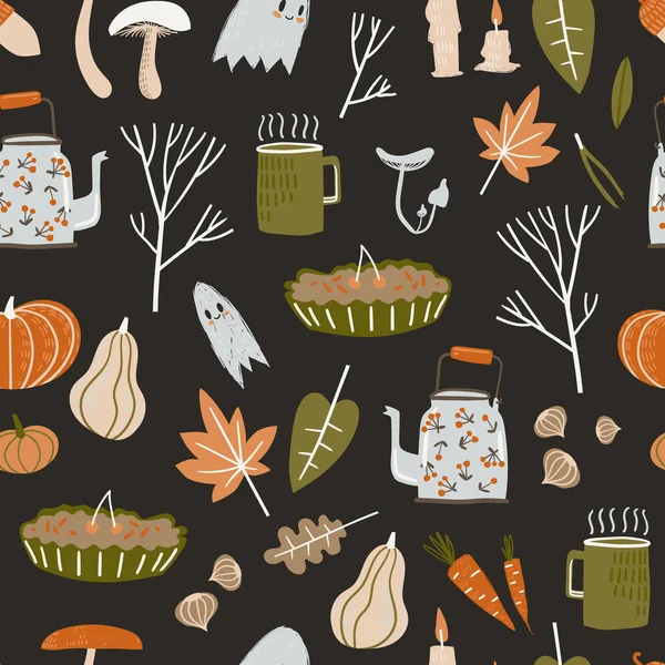 Осенний Узор Швов Элементами Уюта Природы Уютные Теплые Вещи Чайник — стоковый вектор
