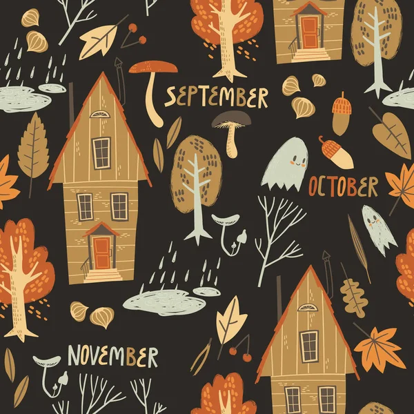 Herbst Nahtlose Muster Mit Gemütlichen Natur Elemente Landschaft Mit Gemütlichen — Stockvektor