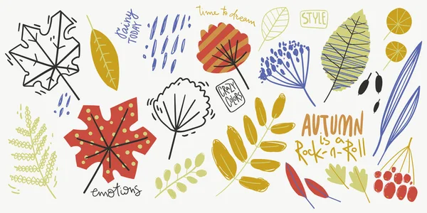 Collection Autumn Leaves Herbs Berries Hand Drawn Doodle Naive Style — Stock Vector